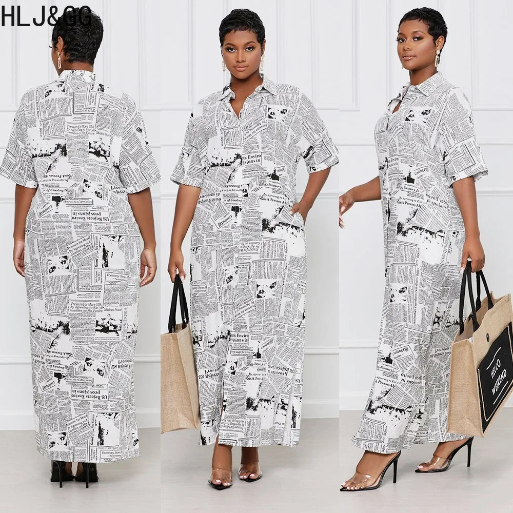 

HLJ&GG White Spring New Newspaper Printing Loose Shirt Dress Women Turndown Collar Button Short Sleeve Vestidos Fashion Clothing