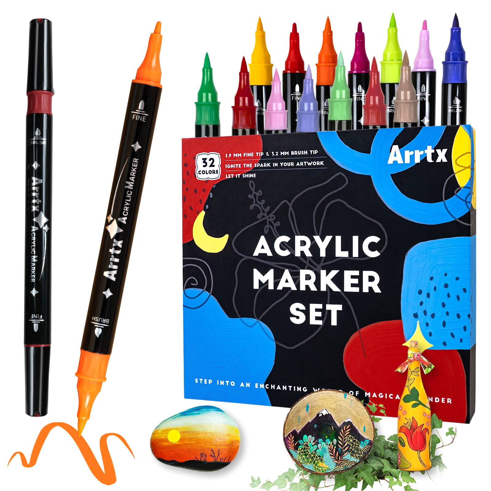 Arrtx Acrylic Paint Pens, 58 Colors for Rock Painting, Extra Brush Tip,  Water Based Paint Markers for Stone, Glass, Easter Egg, Wood and Fabric