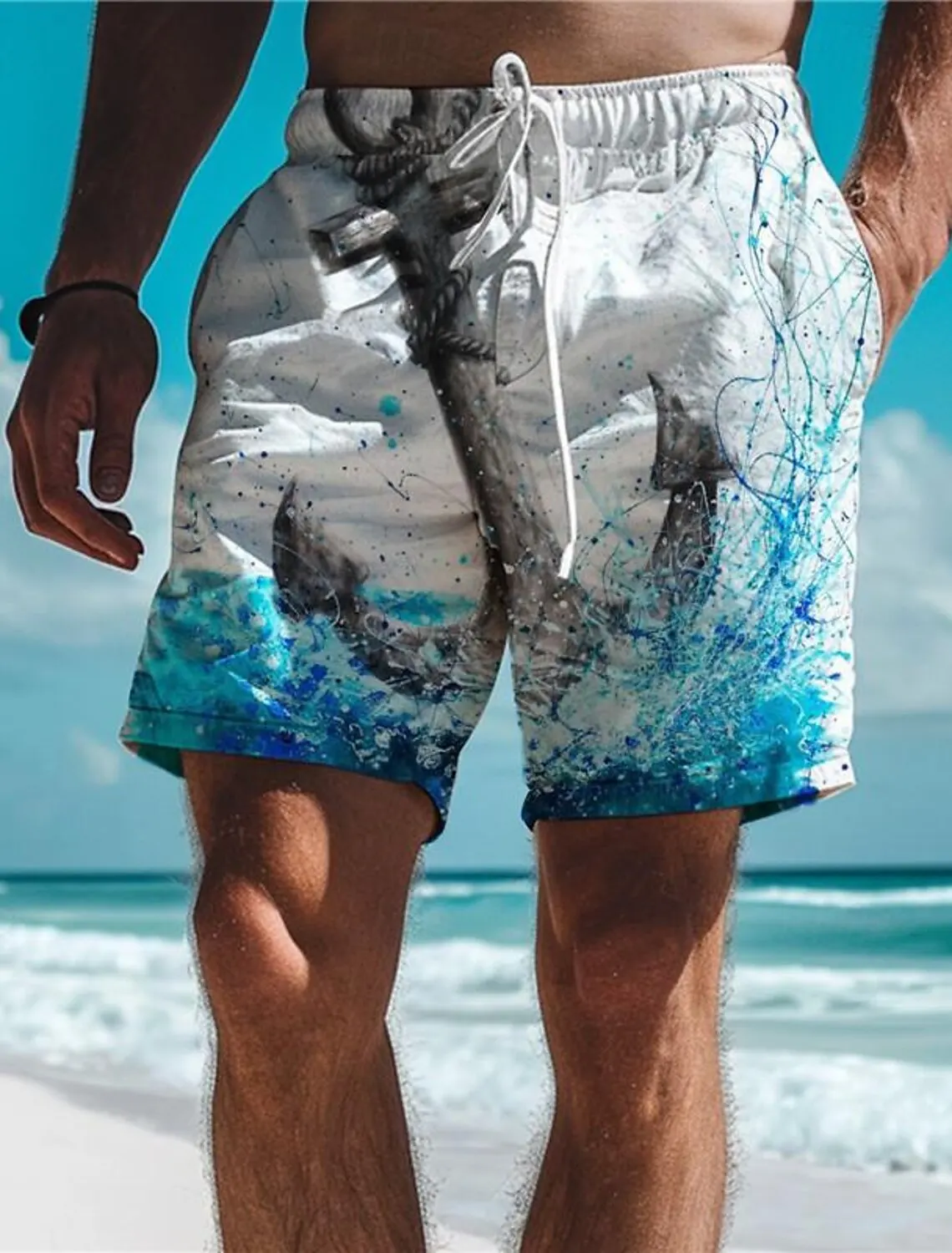 

Мужские пляжные шорты с 3D принтом якоря, классические эластичные шорты на шнуровке, пляжные шорты для отдыха в гавайском стиле