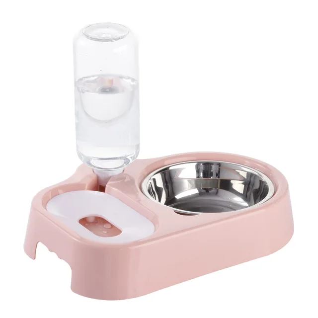 New cat and dog bowl double bowl automatic drinking water cat and dog rice bowl does not wet the mouth stainless steel bowl