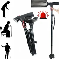Folding Elderly Walking Stick With Buffered T Handle And Pivoting Quad Base Walking Stick Cane With LED Light And Alarm 1