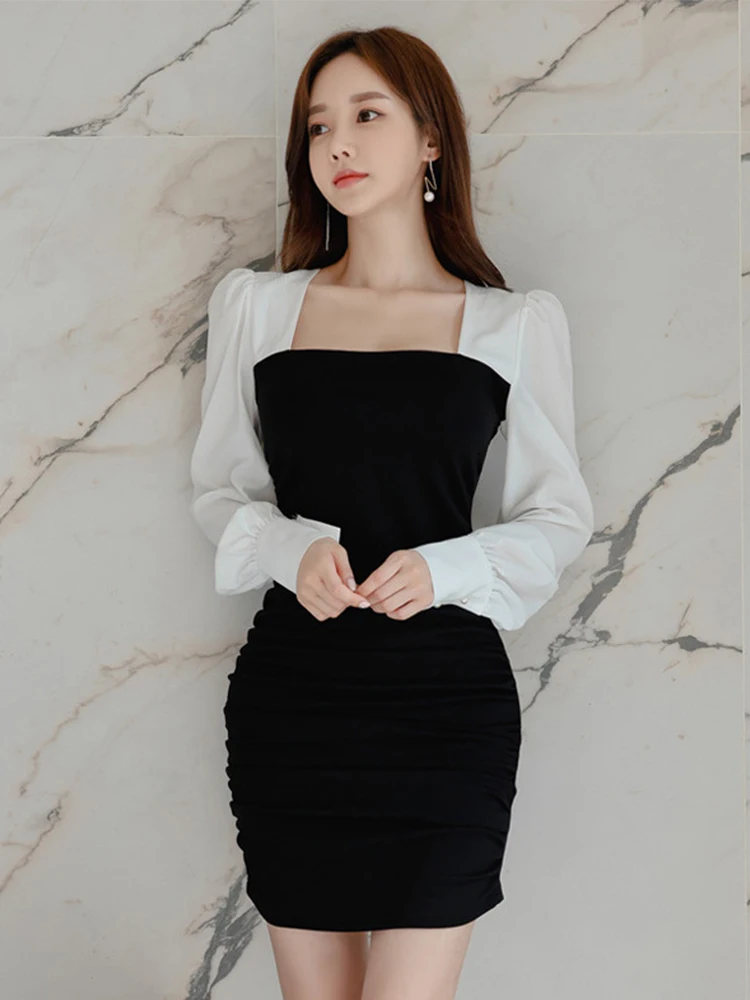 

Модные Элегантные короткие платья в Корейском стиле женская одежда Милая Сексуальная белая черная со складками облегающее мини-платье женская модель Vestidos