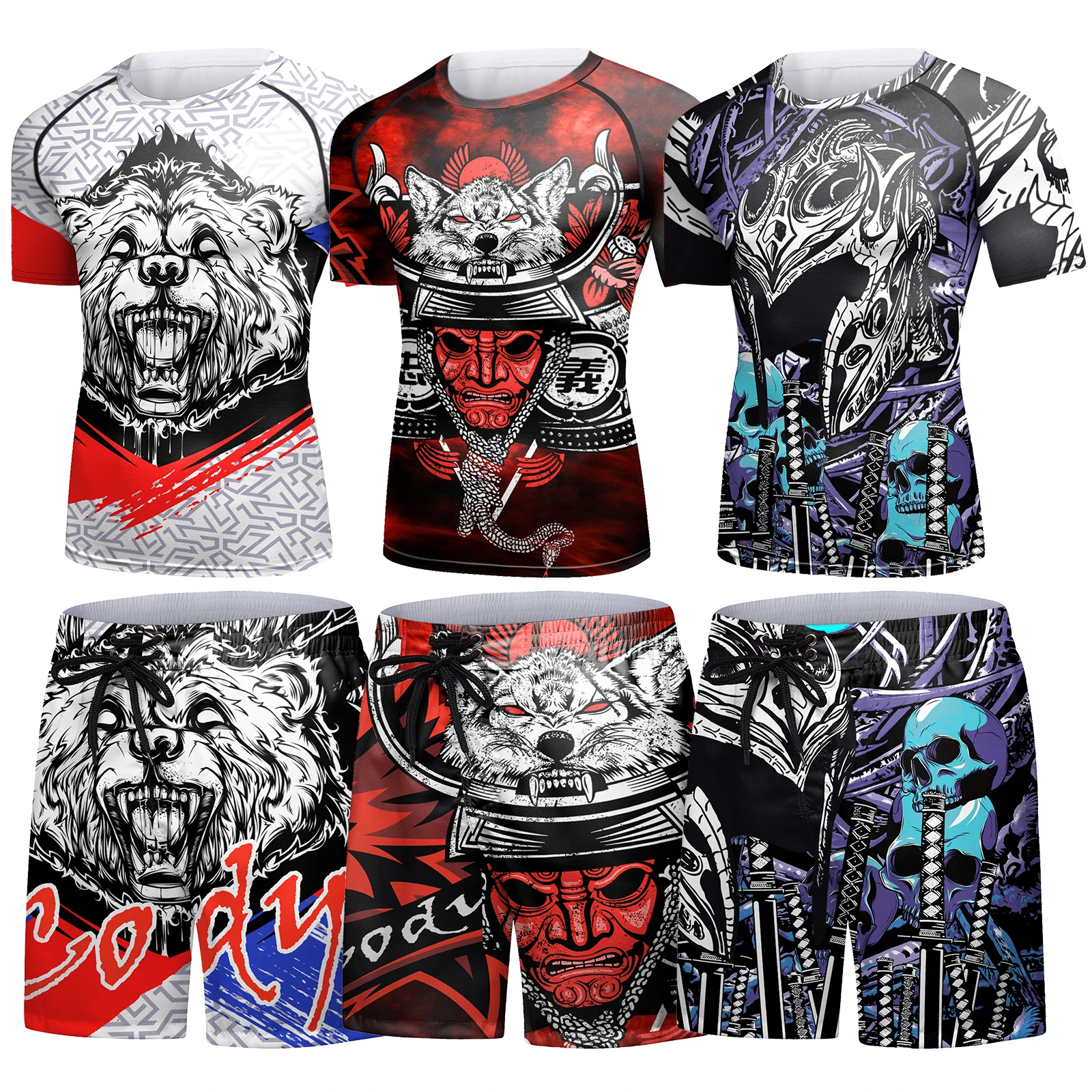 

Компрессионная одежда Cody Lundin, мужской комплект Rashguard, Высокоэластичный спортивный костюм с короткими рукавами и шортами с графическим рисунком, 2 шт., Bjj