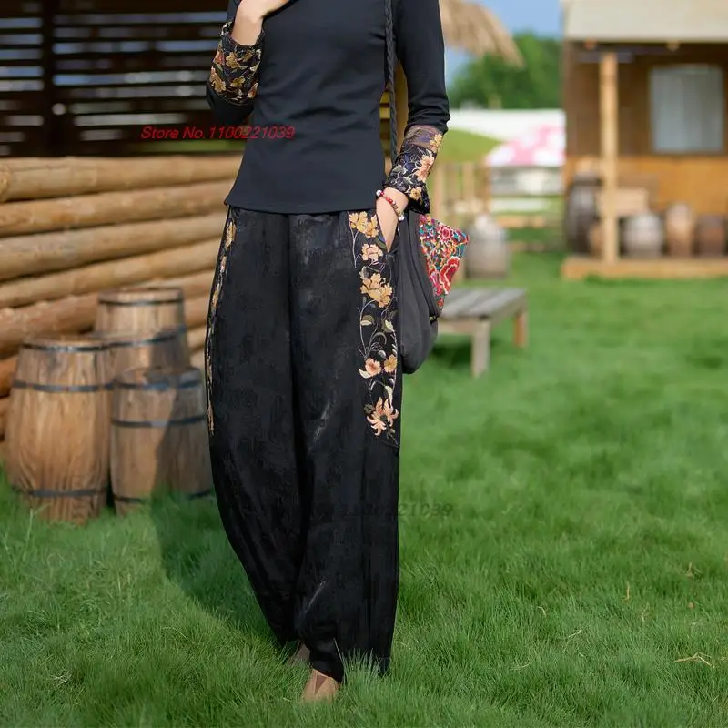 chinese vintage satin jacquard trousers national flower embroidery harajuku ethnic pants casual elastic waist harem pants