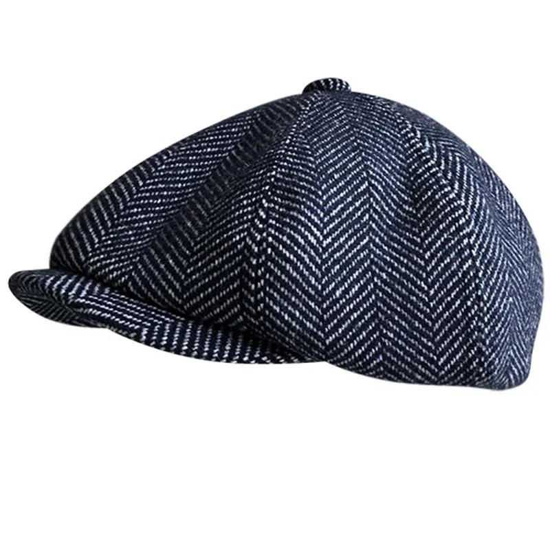 Cappello Classico Da Uomo In Misto Lana, 8 Pannelli Stile Newsboy, Nero, Taglia Unica 58-60 Cm, Per Guida E Caccia