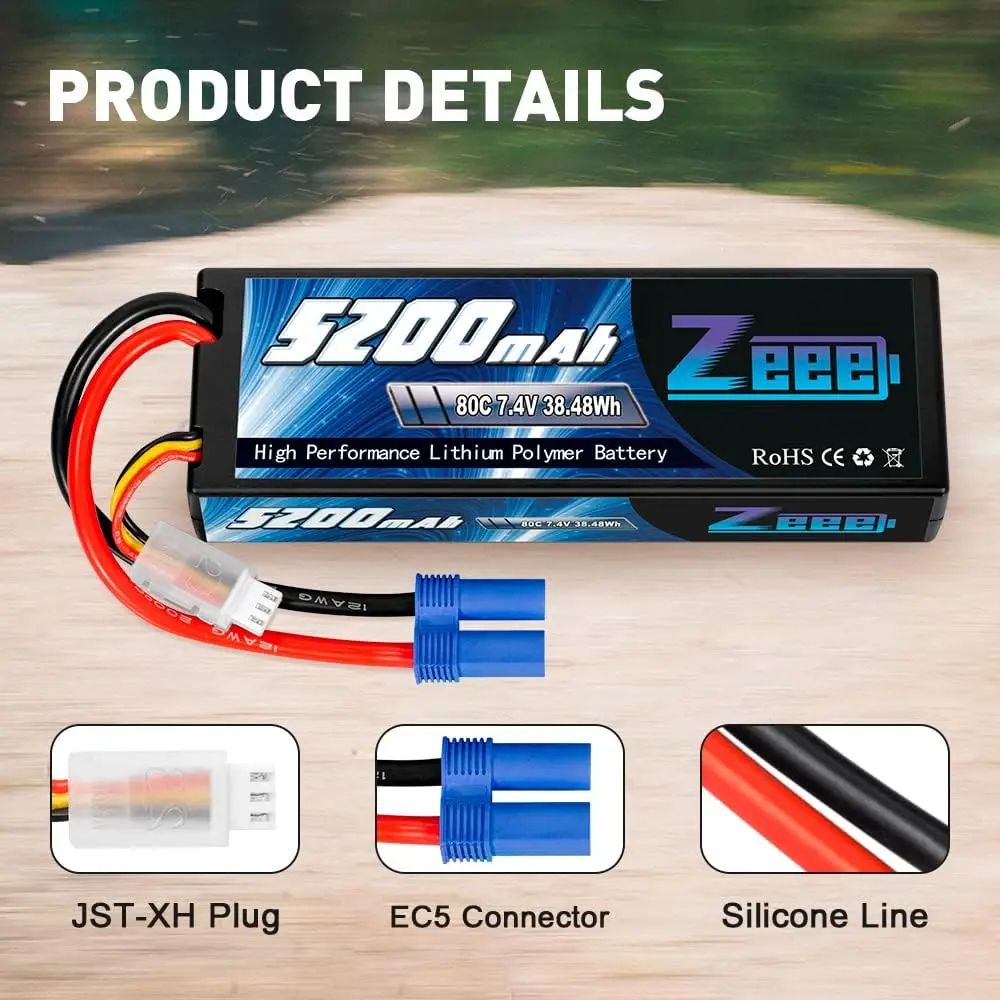 2pcs Zeee 2S 5200mAh Lipo Battery 7.4V 80C Hardcase Battery EC5/3