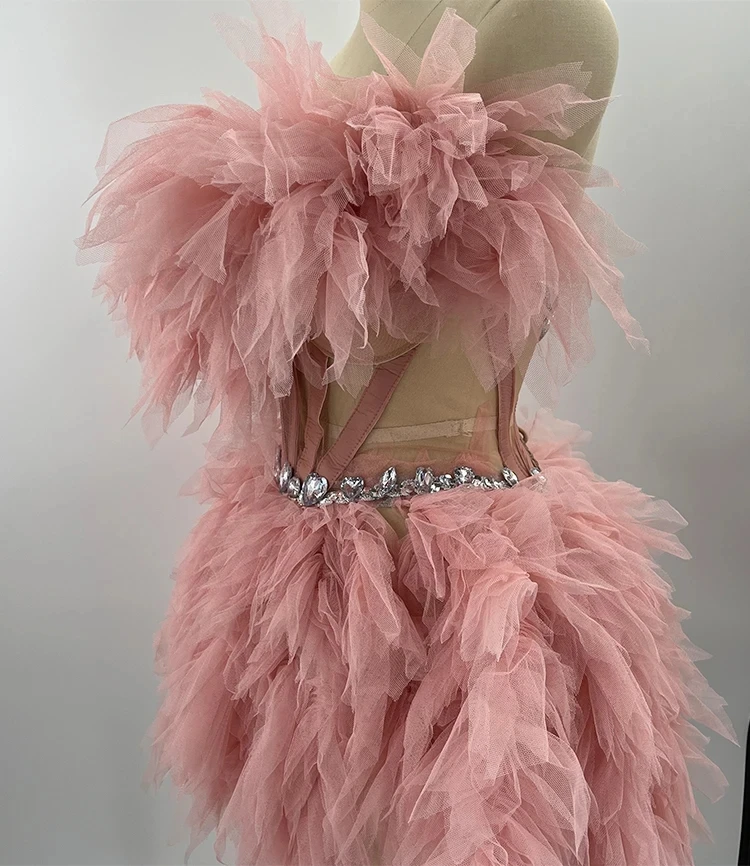 

Pink dress sexy top and skirt sets dance mesh lace rhinestones birthday party club drag queen costumes performance stage outfit