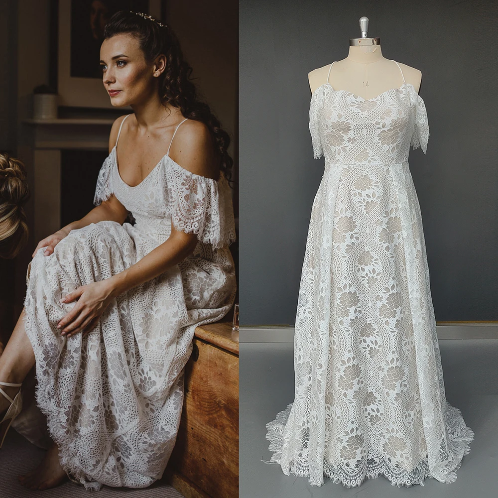 

Spaghetti Straps Bohemian Flutter Sleeves Wedding Dress Custom Made Maxi Elopement Criss Cross A Line Lace V Neck Bridal Gown