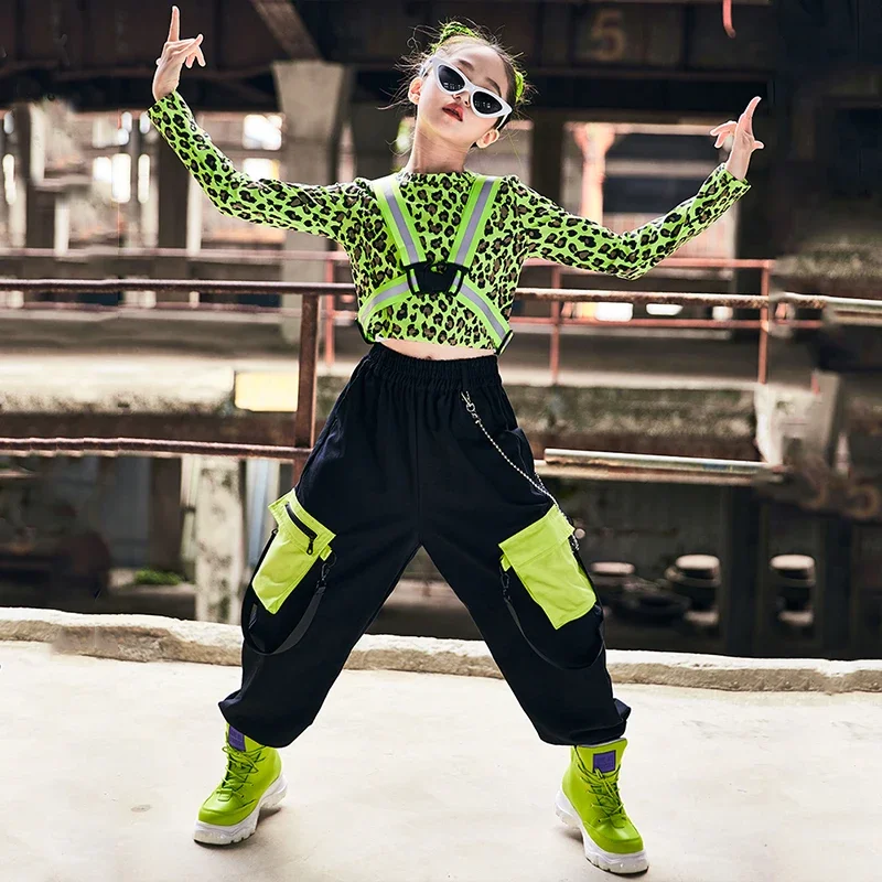 

Детская одежда для уличного танца в стиле хип-хоп, топы с зеленым леопардовым принтом для девочек, светоотражающий жилет, брюки в стиле хип-хоп, костюм для джазовых представлений и сцены BL7306
