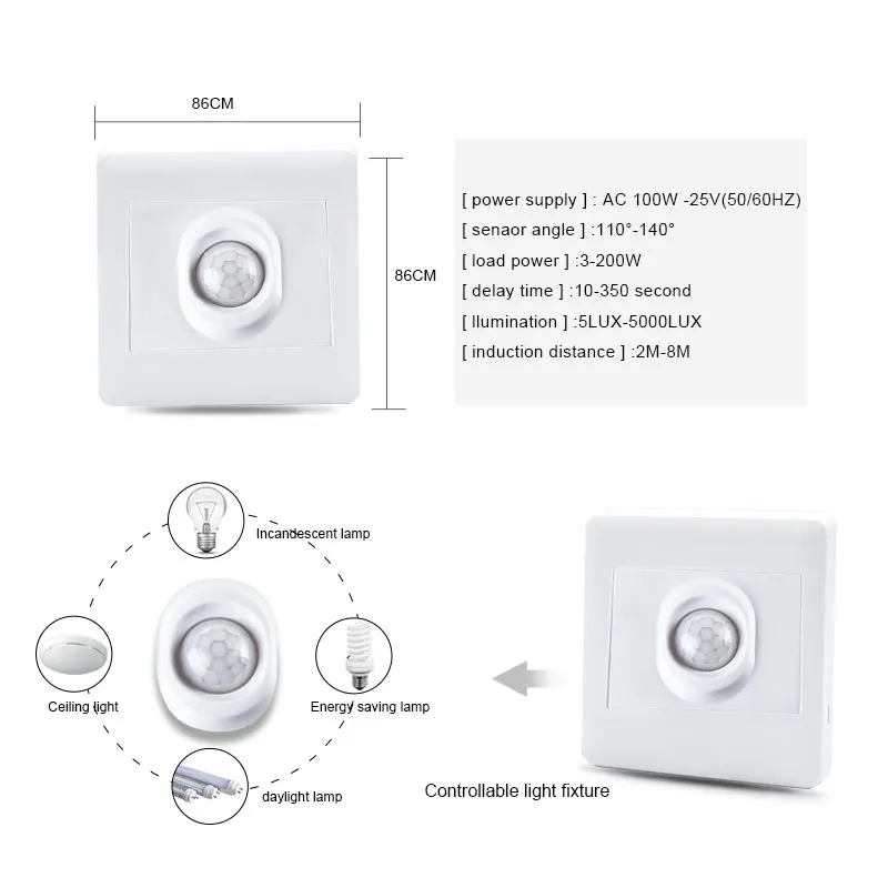Motion Sensor PIR Sensor Switch Motion Sensor Switch Human Body Sensor Switch AC110V 220V 86 Type Automatic Switch Recessed Infrared Motion Sensor Light Detector For LED Lamp
