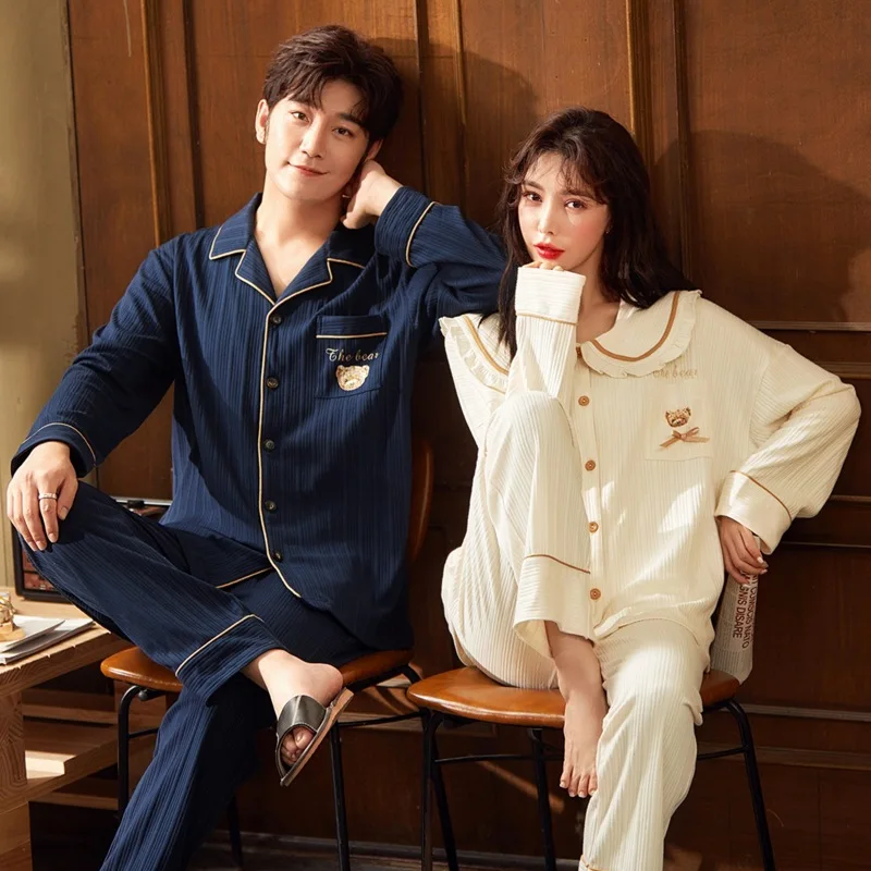 Korean Cotton Autumn Spring Sleepwear Set Man Cardigan Pajamas Set Women Pijamas Suit Plus Size Home Suit Couples Nightwear New