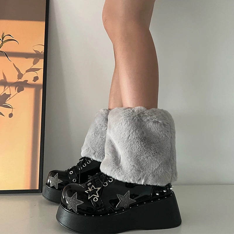 Haruku Y2k Moda Ragazze Finta Pelliccia di Coniglio Scaldamuscoli Donna Goth Punk Rave Cyber Fluffies Costume Leggings Copristivali_voghion.com