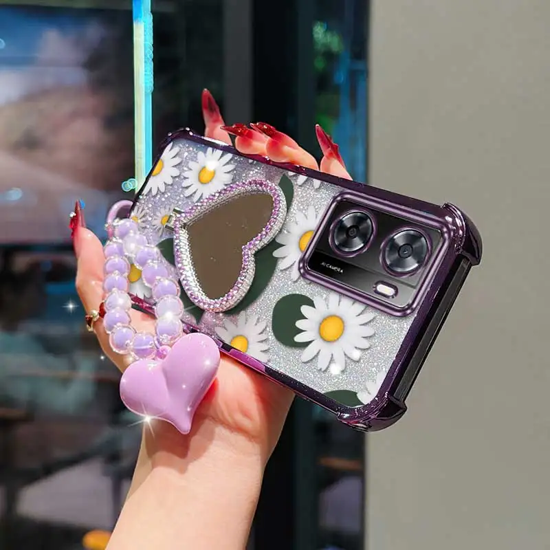Daisy Delight Phone Accessory Set: White Phone Case, Lanyard, and Circular Stand