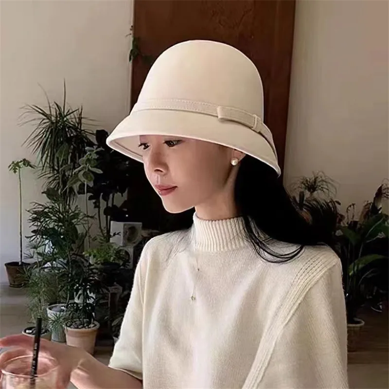 

202212-XL-DD japan ins dropshipping winter wool felt classic bowknot ribbon lady bucket cap women leisure fishermen hat