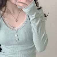 T-shirts à manches longues pour femmes, Slim, boutons en dentelle, Kawaii, Y2k, hauts décontractés, pulls, nouvelle collection printemps 2024 1