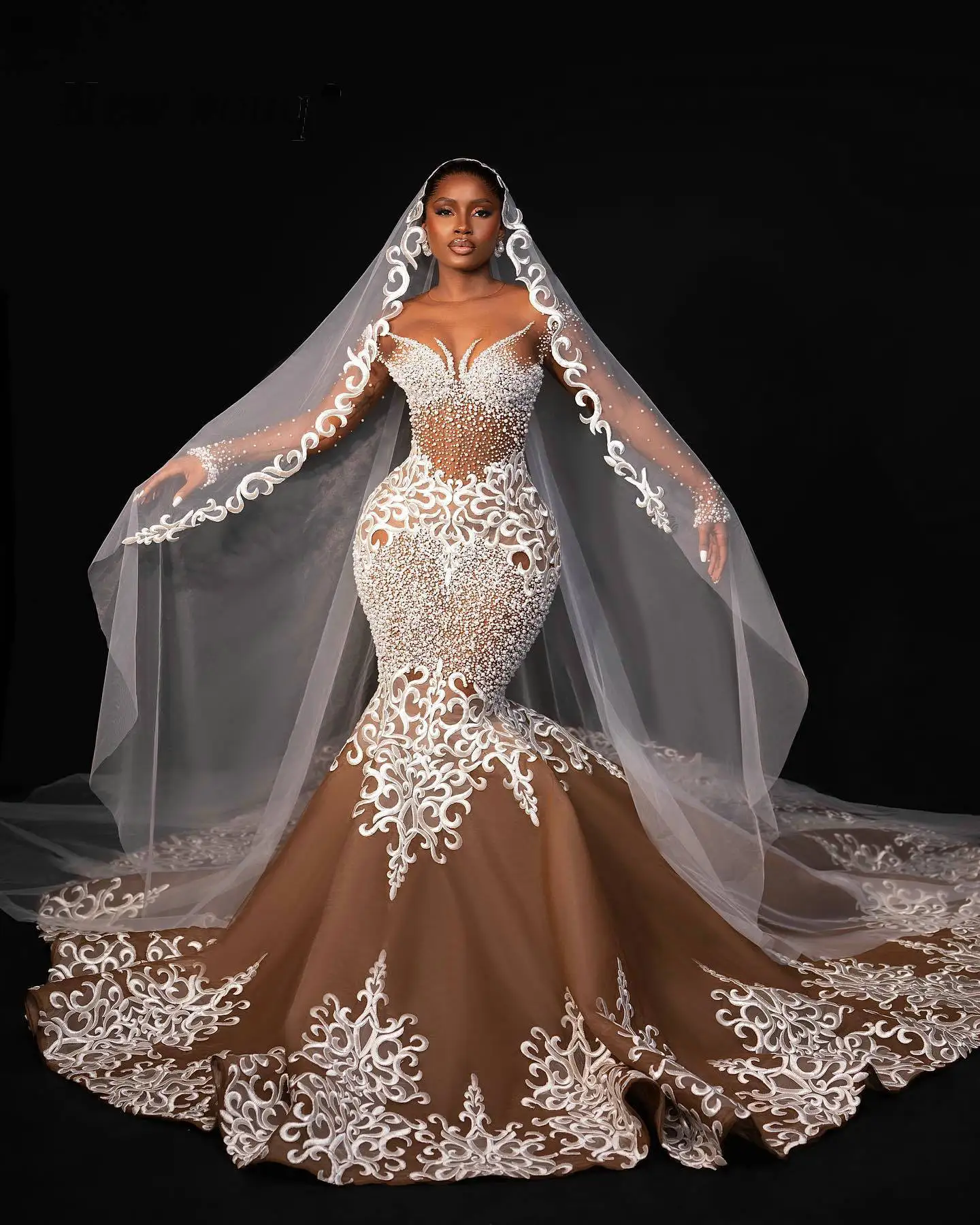 Luxury Pearls Beaded Mermaid African Wedding Dress Sheer O-neck Long Sleeves Aso Ebi Engagement Gowns Corset vestido de novia