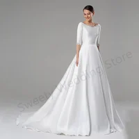 Modern Satin Wedding Dress Vestido De Noiva Customized Scoop Neck Half Sleeves Beading Stones A Line Bridal Gown for Women Bride 1