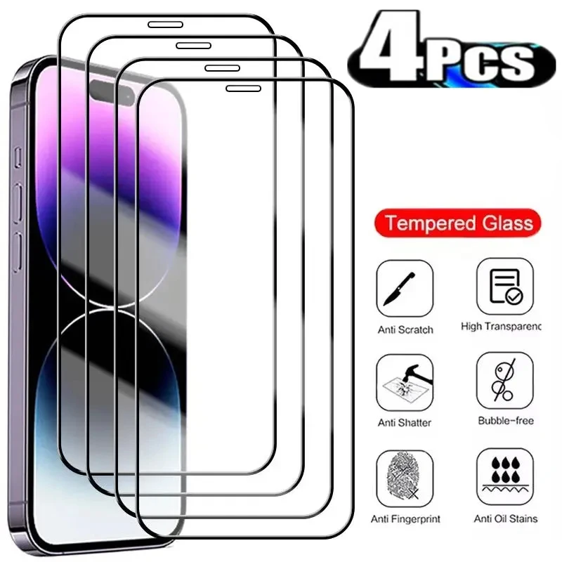 

4 шт. Защитное стекло для iPhone 15 14 13 12 11 Pro Max, закаленное стекло, Защита экрана для iPhone15 Plus XR X XS 7 8 6S SE 2020