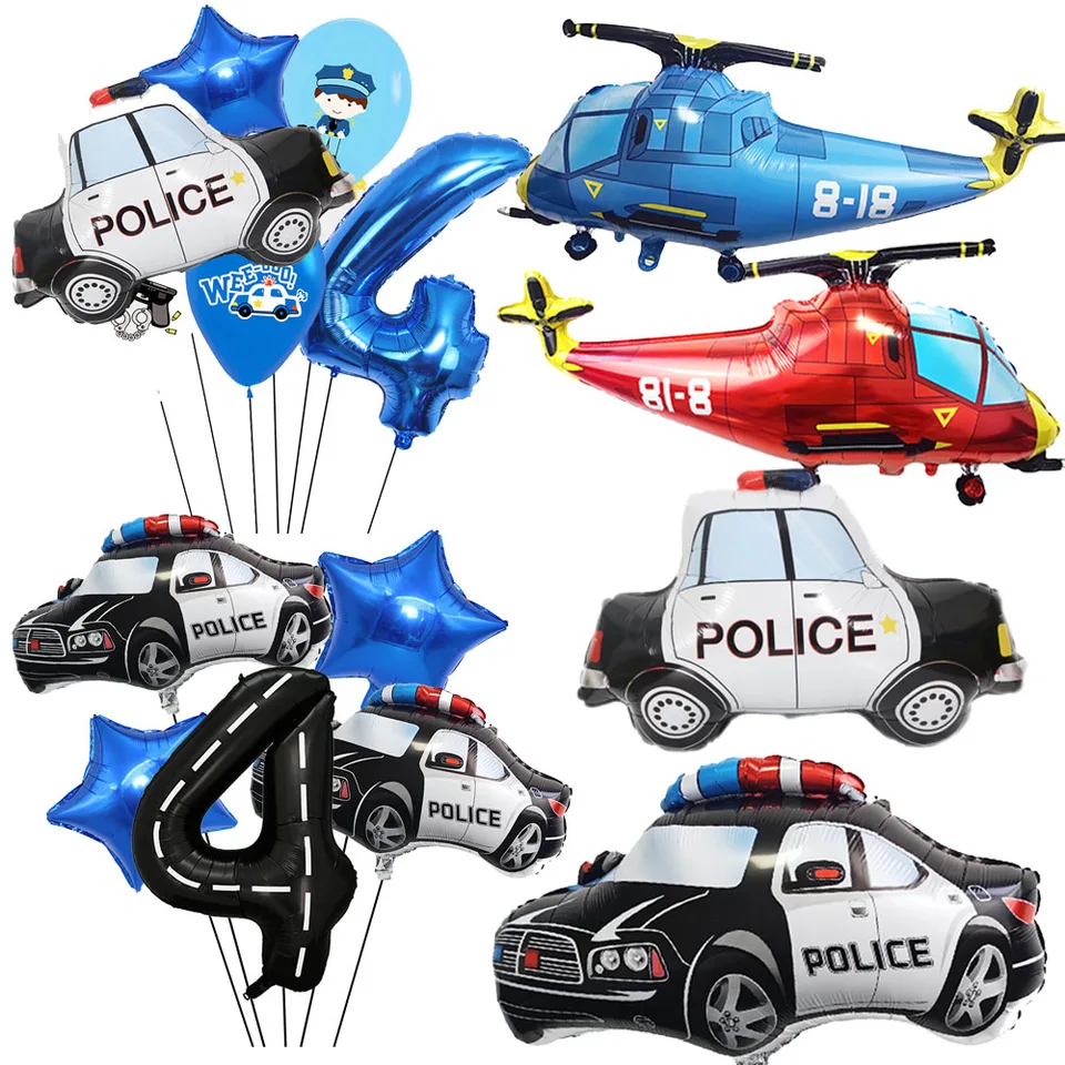 1 Ensemble De Ballons D'anniversaire Pour Voiture De Police, Bleu Numéro 4 5 6, Ballon En Aluminium Pour Fête De Police, Décoration D'anniversaire Pour Garçons