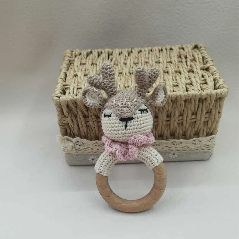 Crochet Baby Handmade Deer Elk Set Rattle Teething Ring Plush Toys Sleeping Dolls Shower Gifts 3