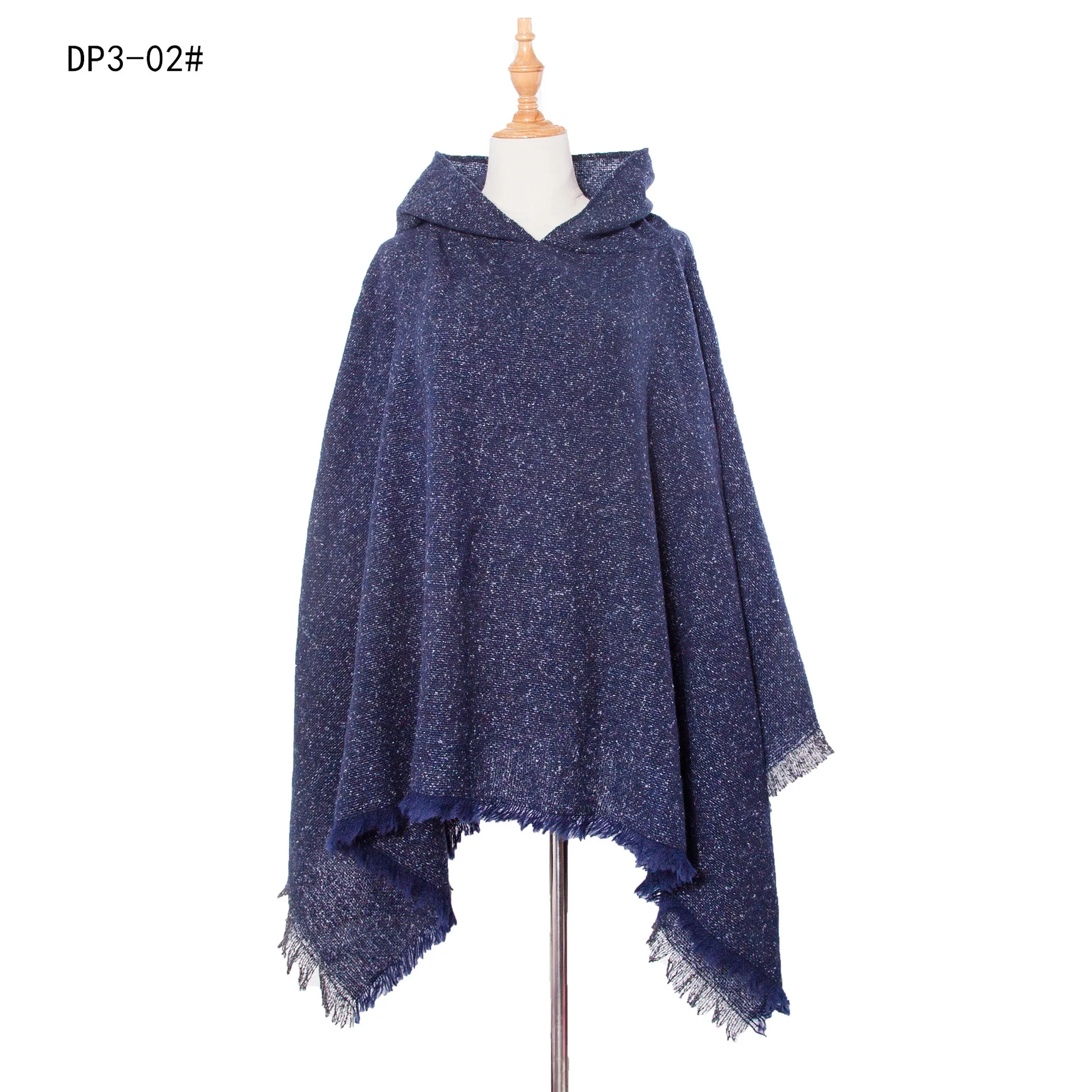 Autumn Winter New Loop Yarn Hooded Pullover Tourism Solid Color Cape Women Fashion Street Poncho Lady Capes Navy Cloaks core yarn autumn winter women