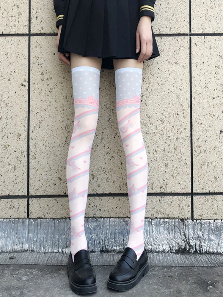

Y2k Star Printed Silk Stockings Thin Women's Japanese Cartoon Lolita Girls Cute Animation Over The Knee Long White Velvet Sock
