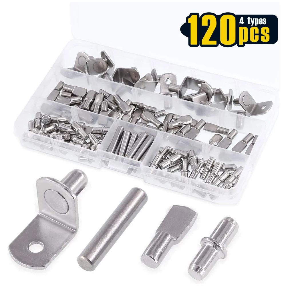 120Pcs 4가지 스타일 선반 핀 키트 니켈 도금 선반 브래킷 페그 캐비닛 가구..