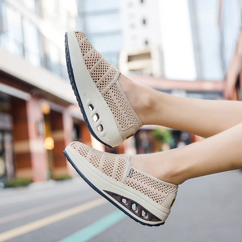 Platform Jigger Shoes Air Cushion Slip-on Breathable Casual Sports Shoes Net Face Body Shaping sports shoes kangaroo jump shoes toning shoes
