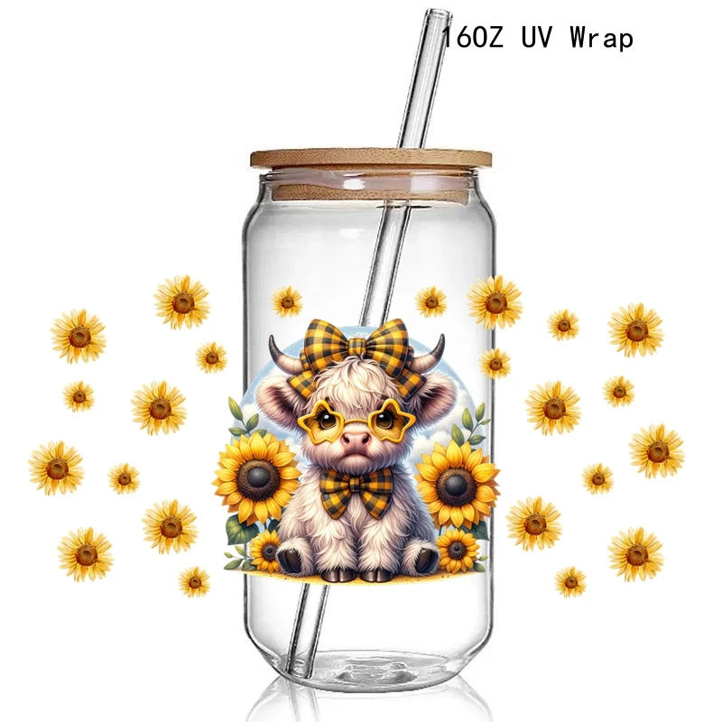 3D Retro Sunflower Cow UV DTF Cup Wraps stickers Spring Cow Flowers UV Wrap Transer for 16oz Libbey Glass