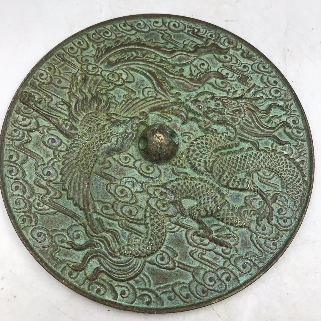 

12.5cm China ancient Bronze mirror Dragon and Phoenix design fengshui safety decoration mirror Home decor metal crafts