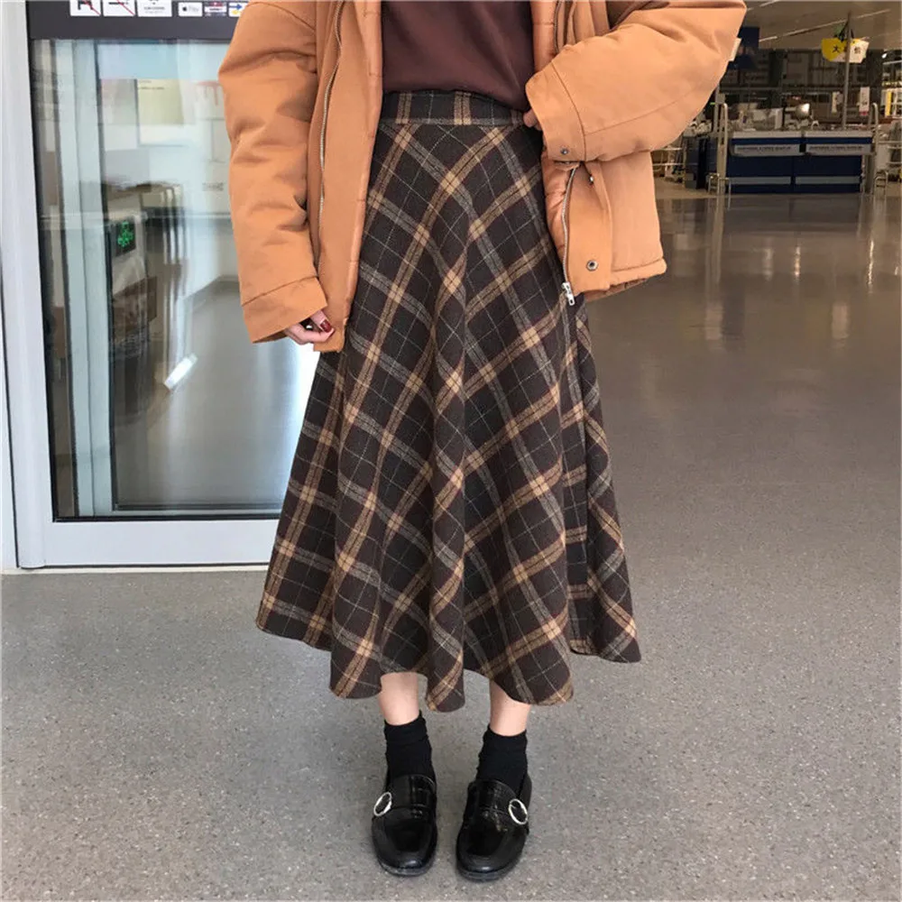 Japanese Rainbow High Waist A-Line Wool Plaid Skirt Female