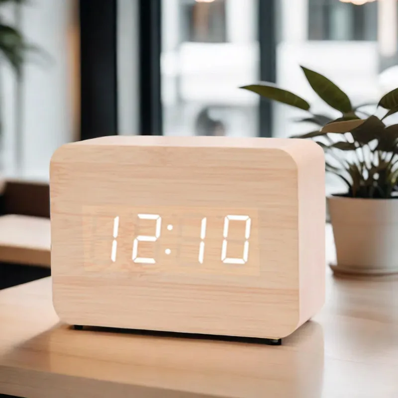 LED Desktop Clock Alarm Decoration Wooden Alarm Watch Table Voice Control Digital Wood Powered Electronic Desktop Clocks 5