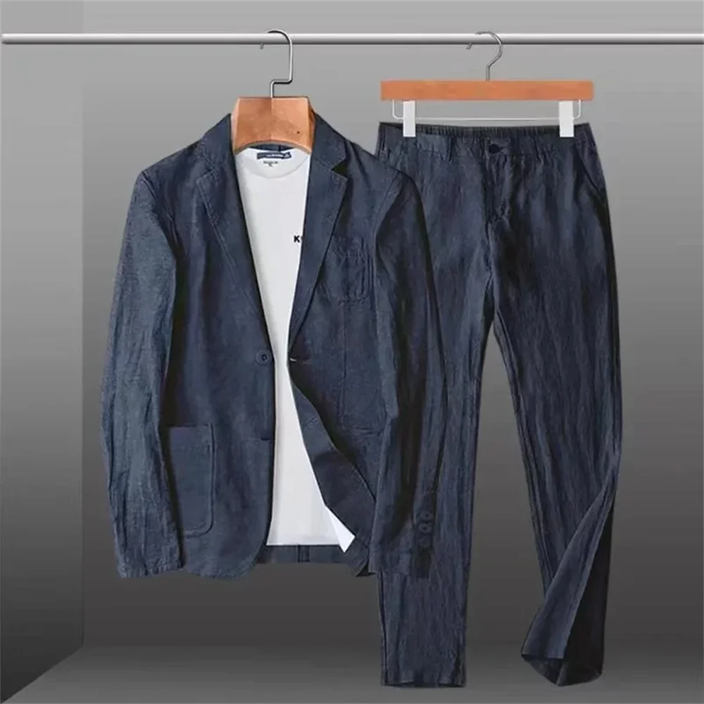 Spring/Summer New Men's Linen Set Loose Ultra thin Breathable Comfortable Business and Leisure Two Piece Suit Coat