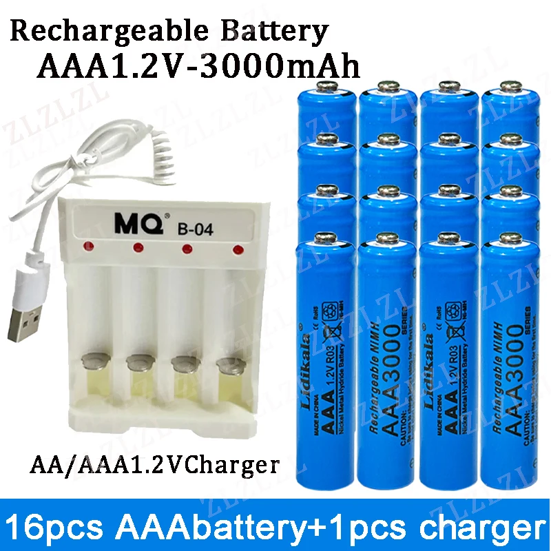

NEW High quality 1.2V rechargeable battery, AAA3000mAh battery+charger, alkaline technology, for remote control, toys/computer