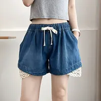 Plus Size Women's Jeans 100kg Fashion Lace For Edging Drawstring Elastic Waist Denim Shorts Wide Leg Hot Pants Summer 25007