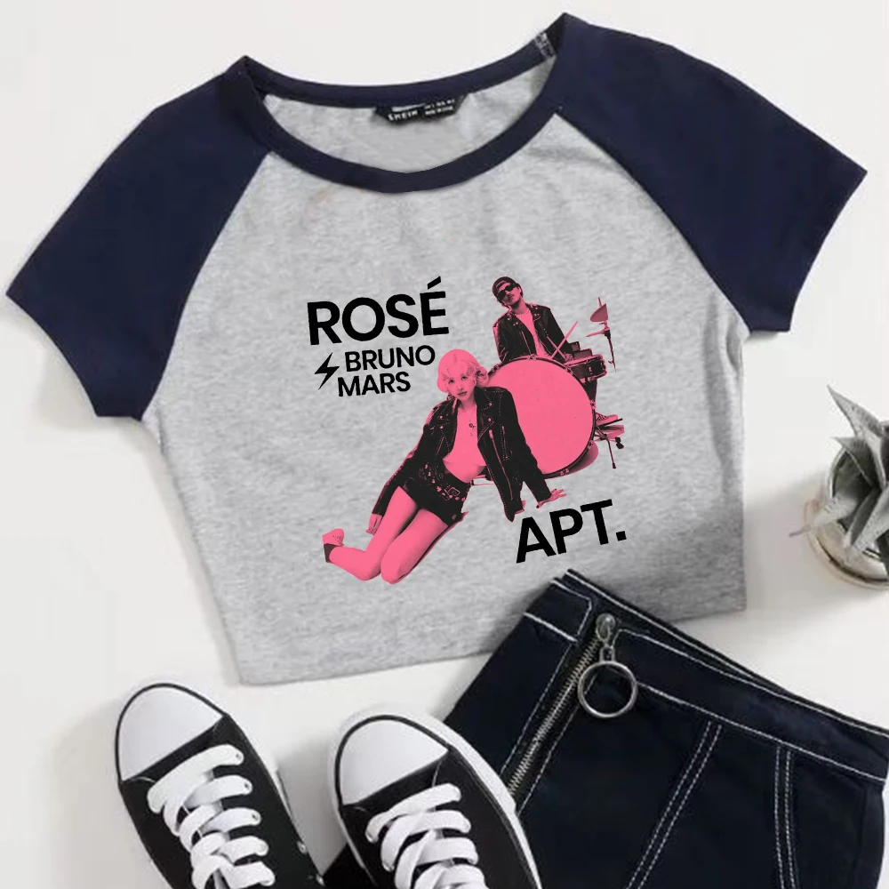 Rose Rosie APT. Bruno Mars Girls Crop Shirts Color blocked short sleeves O-Neck Top 5