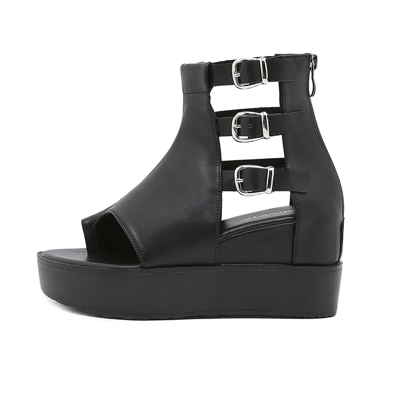 ZOOKERLIN Spring Autumn Platform Peep Toe Wedges Zip Hollow Women's Boots Belt Buckle PU Leather Solid Color Ankle Boots Black