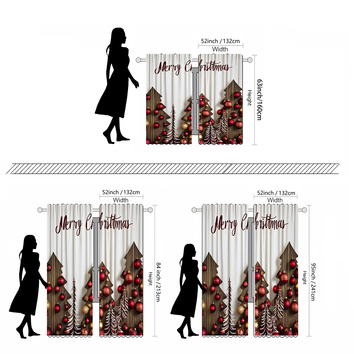 2-piece HD digital red tie Christmas ball Christmas tree curtain Home decoration style decoration living room bedroom wear rod c 2