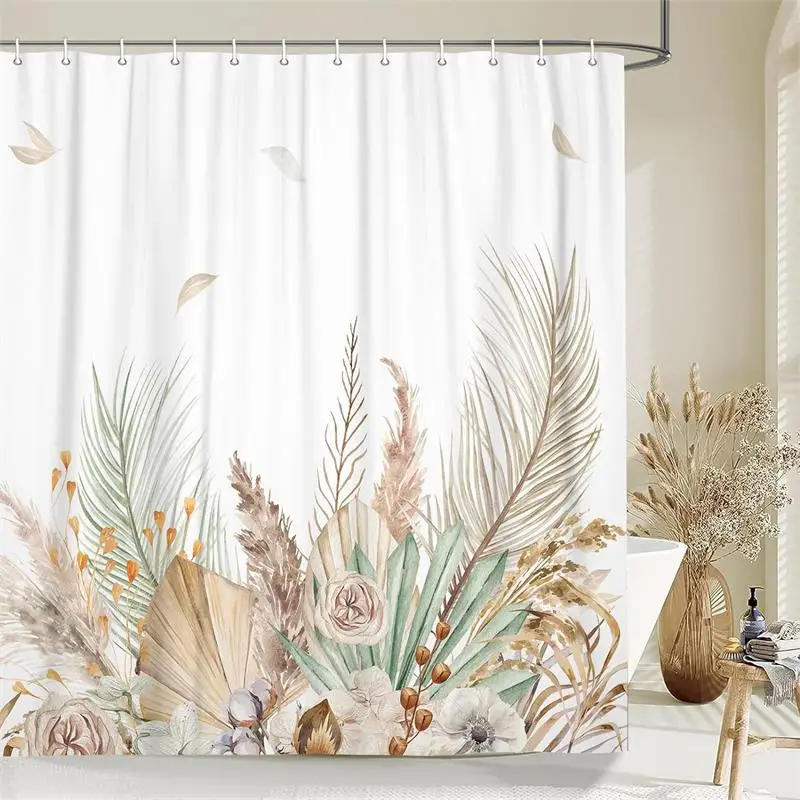 Shower Curtains Leaves Shower Curtains Bright Tan Palm Leaf Floral Pumpkin Fall Bath Curtain Set Polyester Fabric Home Bathroom Decor with Hooks