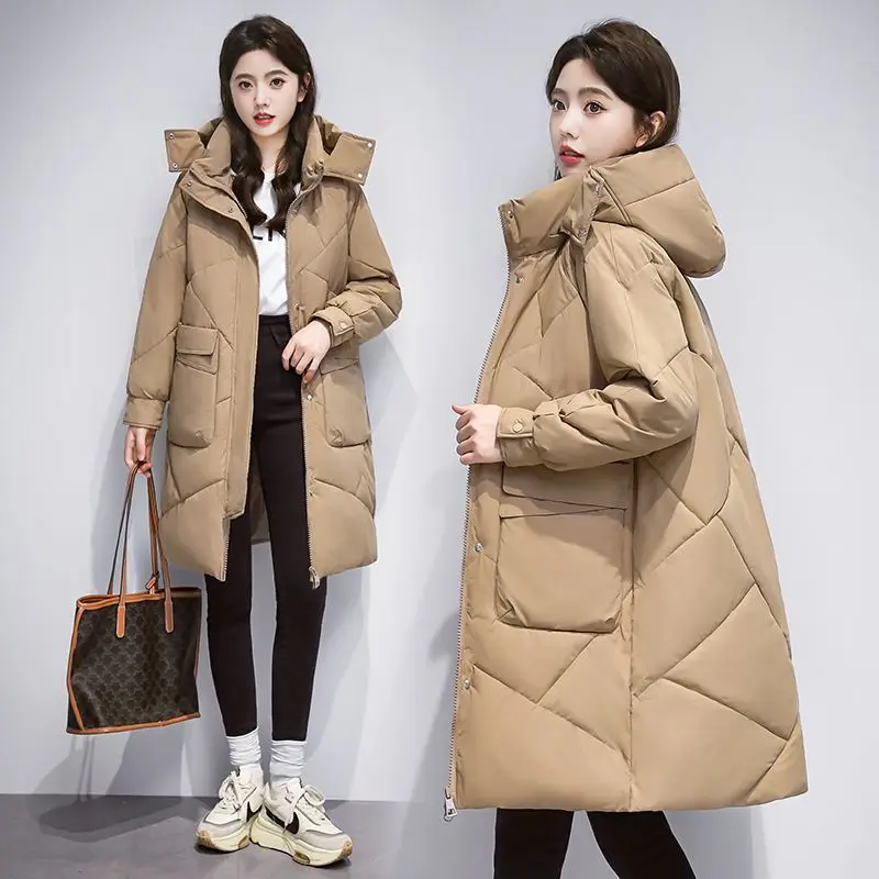 2023 New Women Down Jacket Winter Coat Female Mid Length Version Parkas Loose Thick Warm Outwear Hooded Leisure Time Overcoat