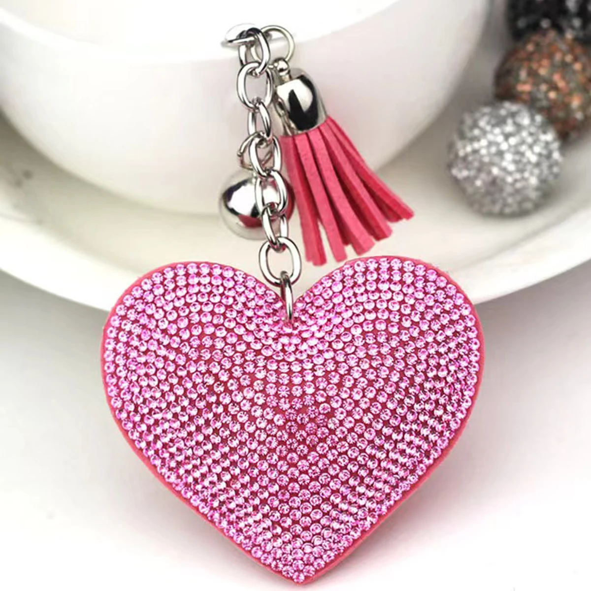 Rhinestone Heart Finger Keychain Bling Crystal Strap Pendant for Key Handbag Wallet Key Accessories Gift for Women
