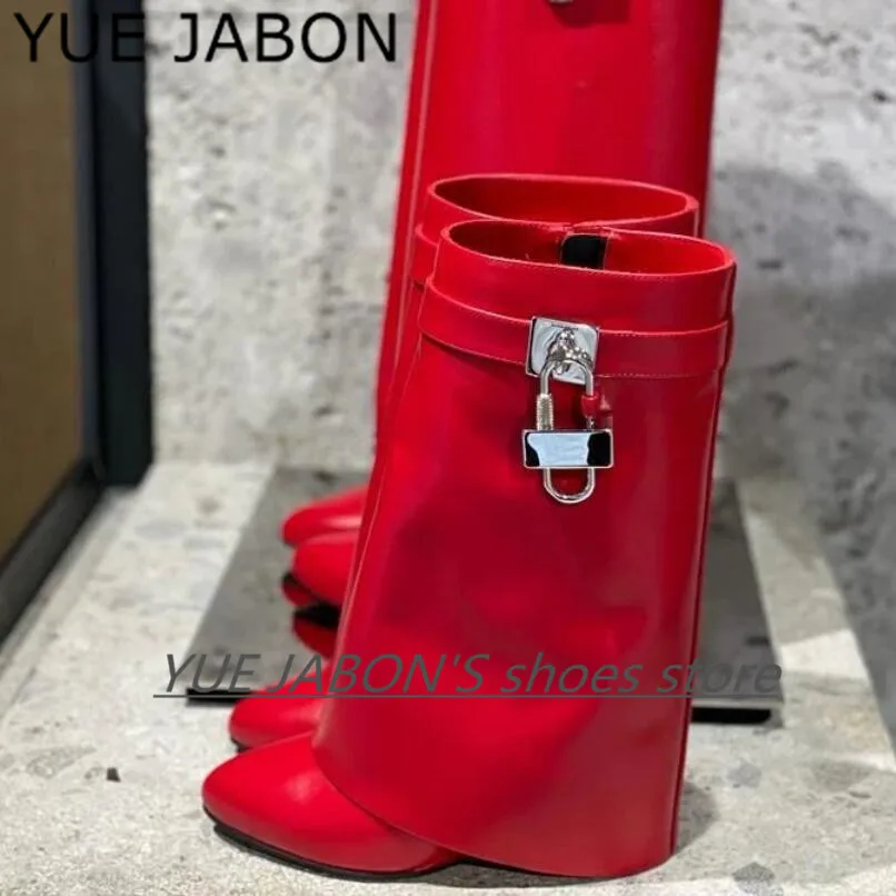 

Sexy Gold Lock Women Wedge Boots Height Increasing Fold Over High Heel Boot Female Mid-Calf Riding Boots Genuine Leather Shoes