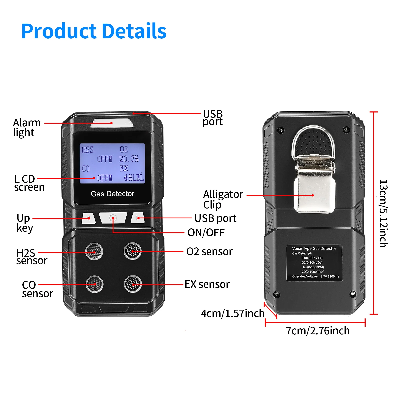 Rechargeable Portable 4 Gas Detector Multi Gas Monitor Air Quality Tester Analyz