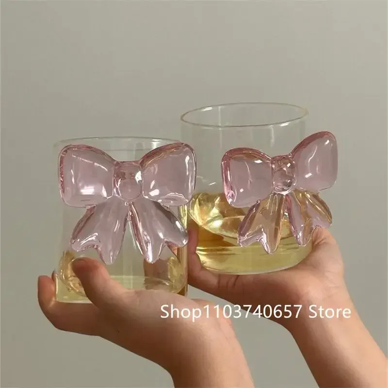Pink Bow Transparent Glass Milk Coffee Juice Glass High Borosilicate Heat-Resistant Dessert Yogurt Bowl with Bow Handle