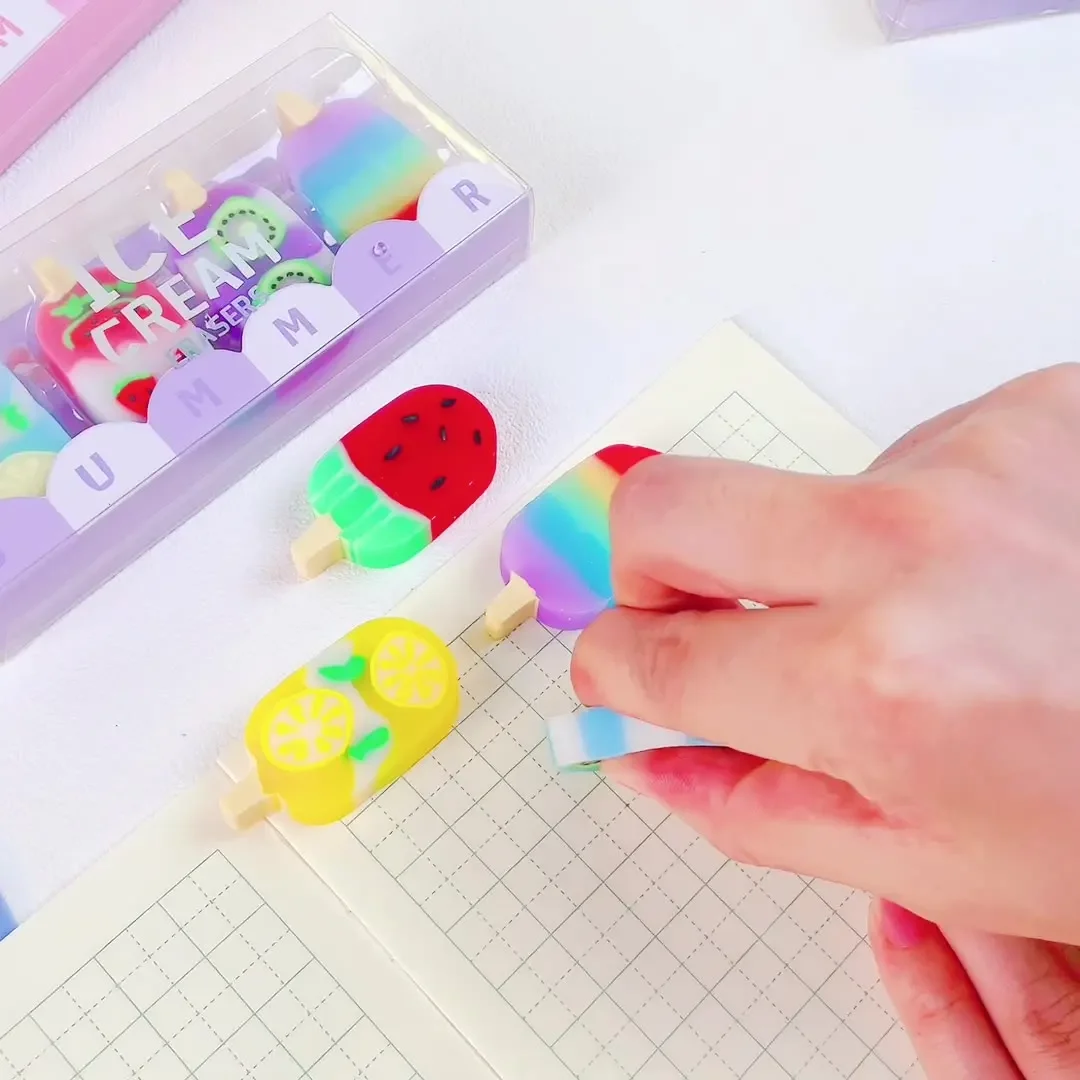 4 pezzi/set 1-2 set Lytwtw's Cartoon Cute Kawaii Ice Cream Rubber Mini Eraser Articoli di cancelleria per ufficio e scuola - immagine 3