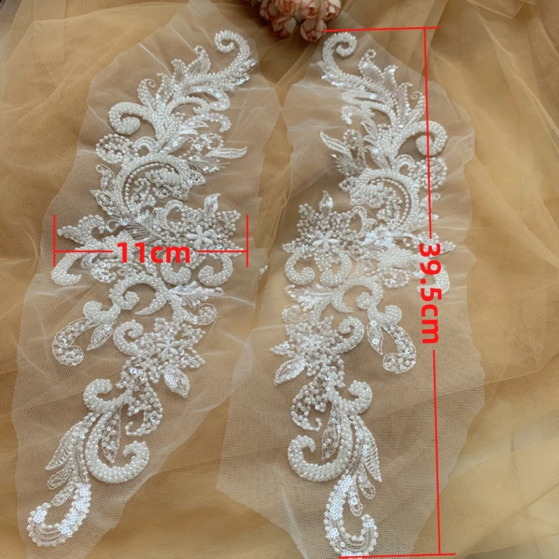 유럽 패턴 스터드 스팽글 레이스 미러 플라워, 손 바느질, DIY 웨딩 드레스 아플리케, 의류 RS4356, 39.5x11cm