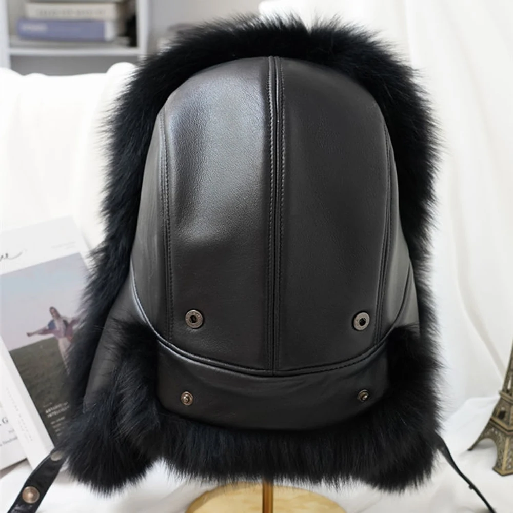 Winter Men's 100% Real Silver Fox Fur Aviator Bomber Hat Raccoon Fur Ushanka Cap Trapper Russian Man Ski Hats Caps Real Leather 2