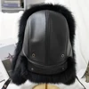 Winter Men's 100% Real Silver Fox Fur Aviator Bomber Hat Raccoon Fur Ushanka Cap Trapper Russian Man Ski Hats Caps Real Leather 2