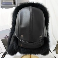 Winter Men's 100% Real Silver Fox Fur Aviator Bomber Hat Raccoon Fur Ushanka Cap Trapper Russian Man Ski Hats Caps Real Leather 2