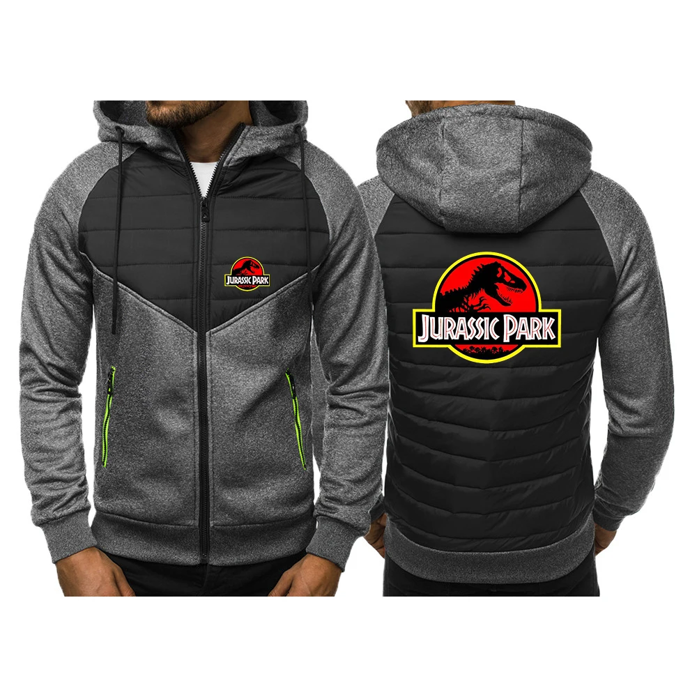 2023 New Men Jurassic Park Tricolor Hooded Jacket Spring and Autumn Comfortable Casual Slim Patchwork Zipper Coat Long Sleeve